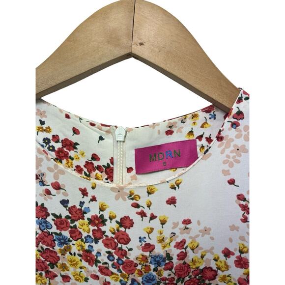 MDRN Balfour Pleated Floral Dress Long Sleeve Drop Waist Tea Length Roses Small - Picture 2 of 10